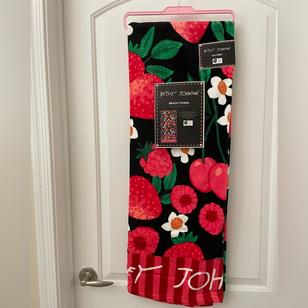 Betsey Johnson Black and Red Fruit Pattern Beach/Pool Towel.